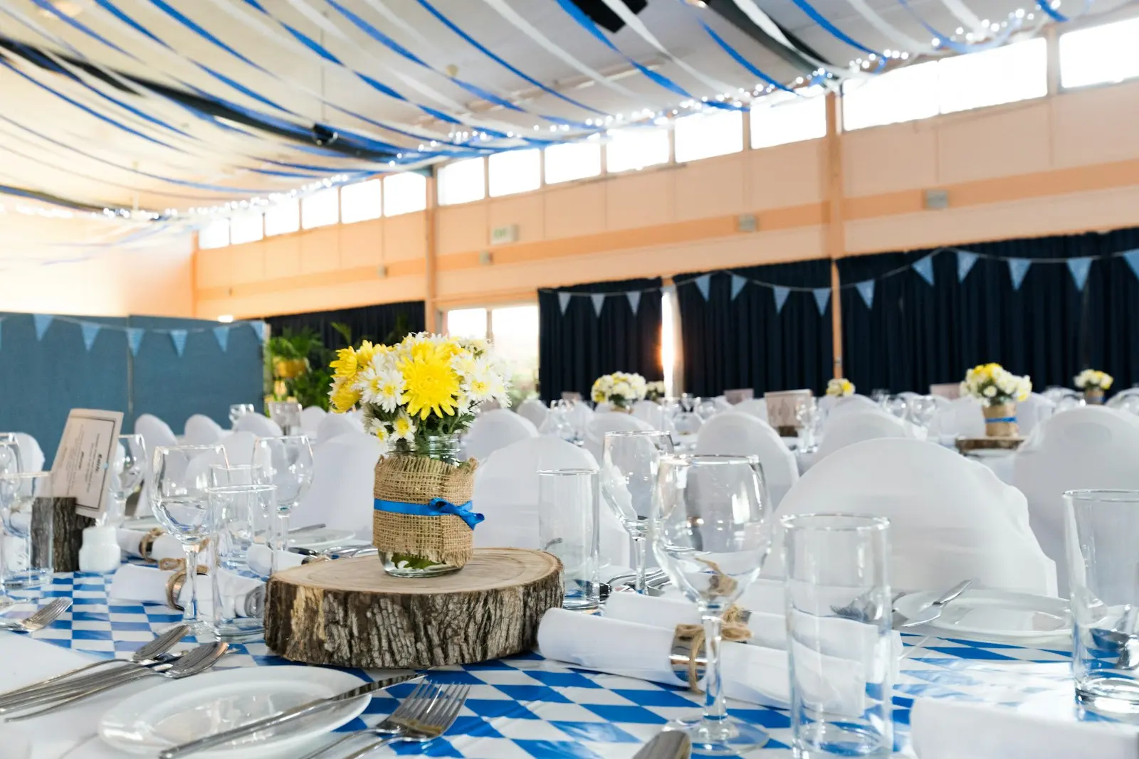 Banquet tables set for an awards ceremony
