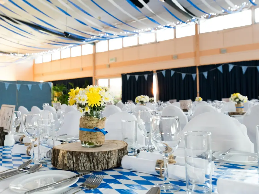 Banquet tables set for an awards ceremony